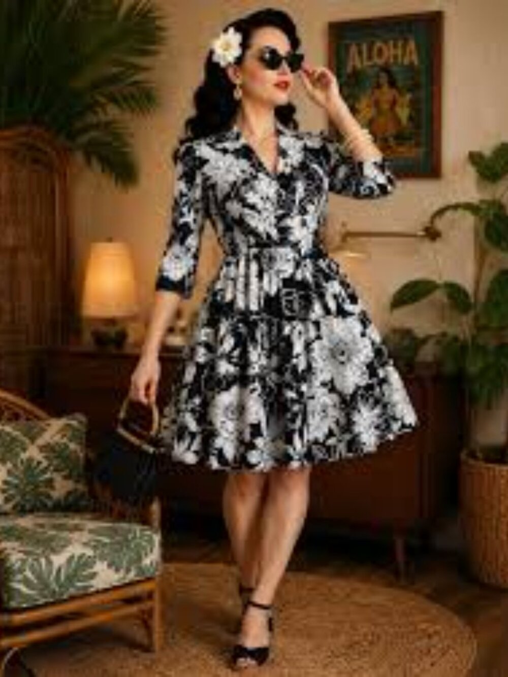 Rachel Zoe Black White Tropical Floral Surplice A-Line Sz XS